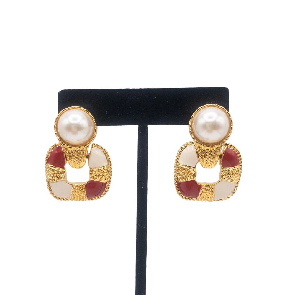 Vintage Nautical Pierced Pearl Statement Earrings